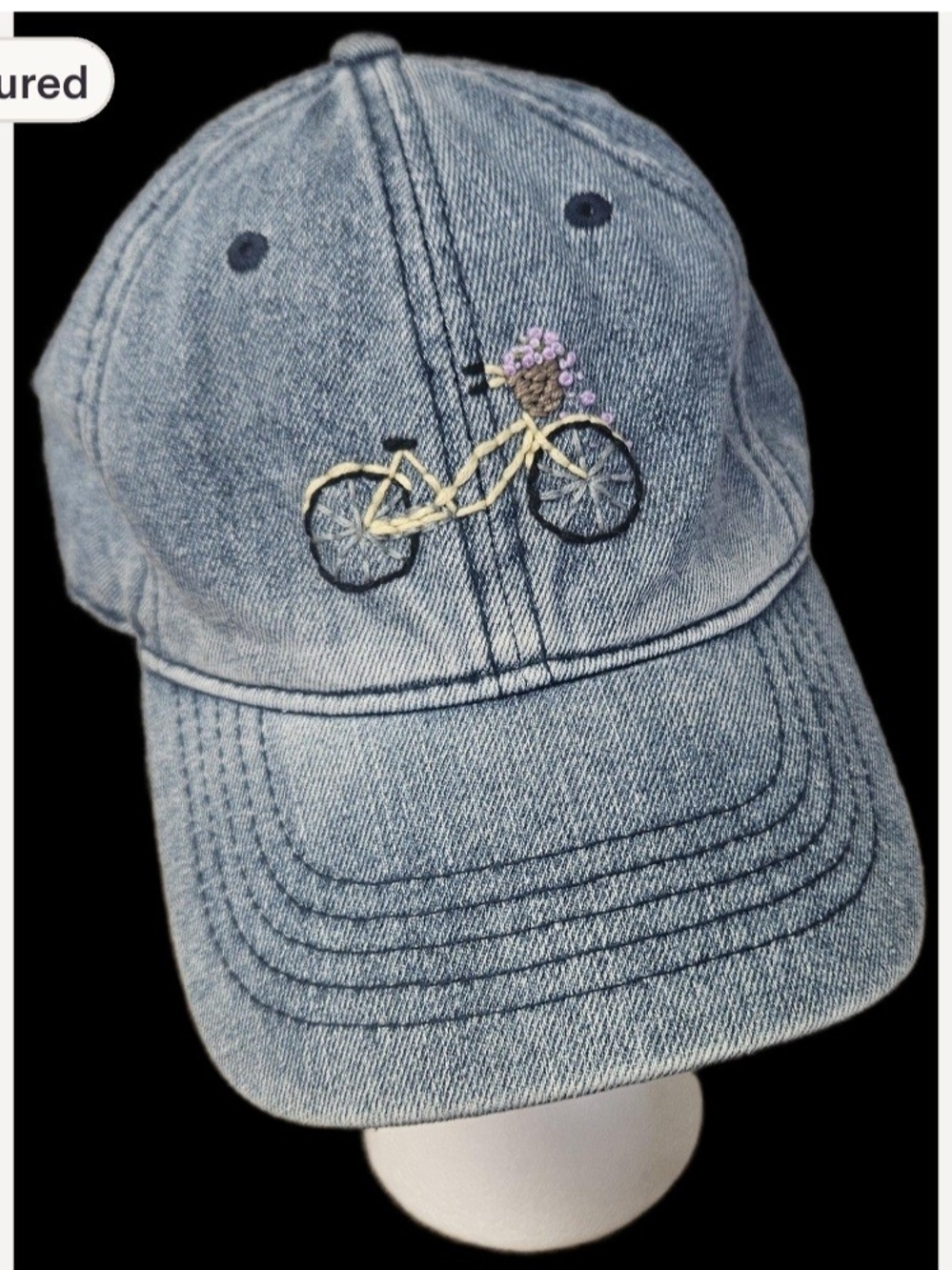 Denim Baseball Cap with Hand Embroidered Bicycle and Flowers